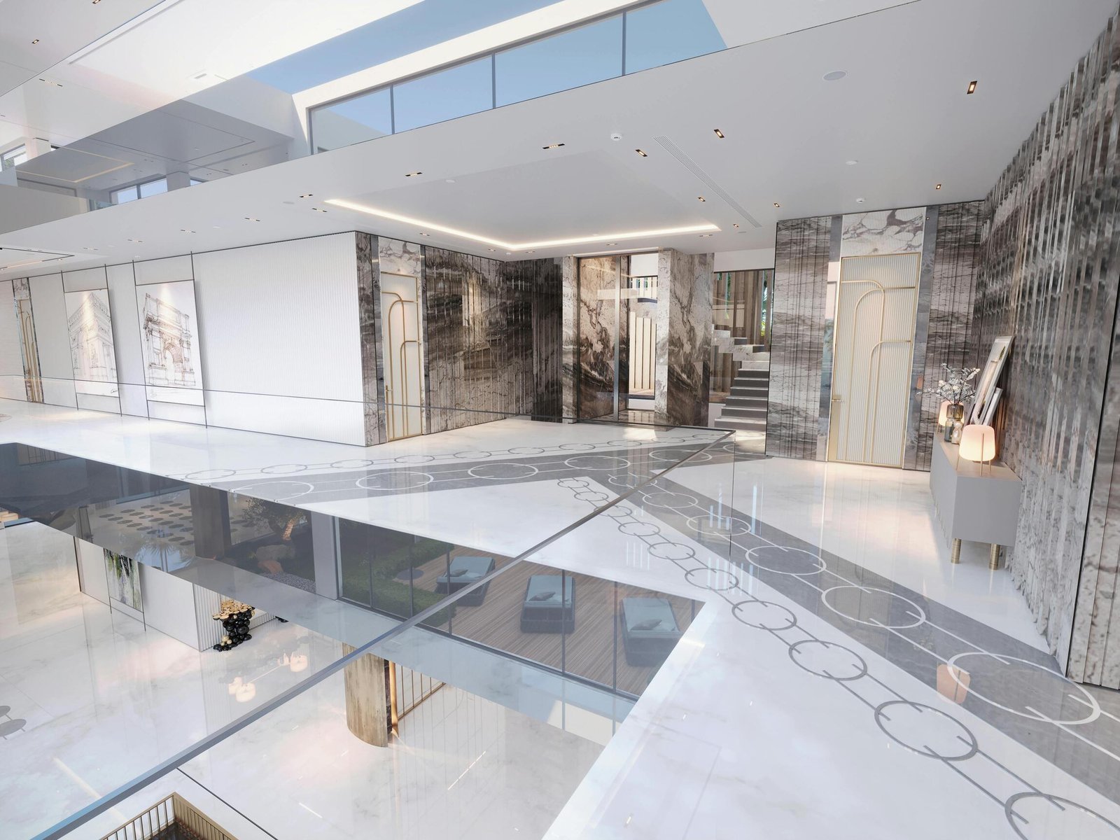 Modern upper corridor finished with marble walls and floor detailing
