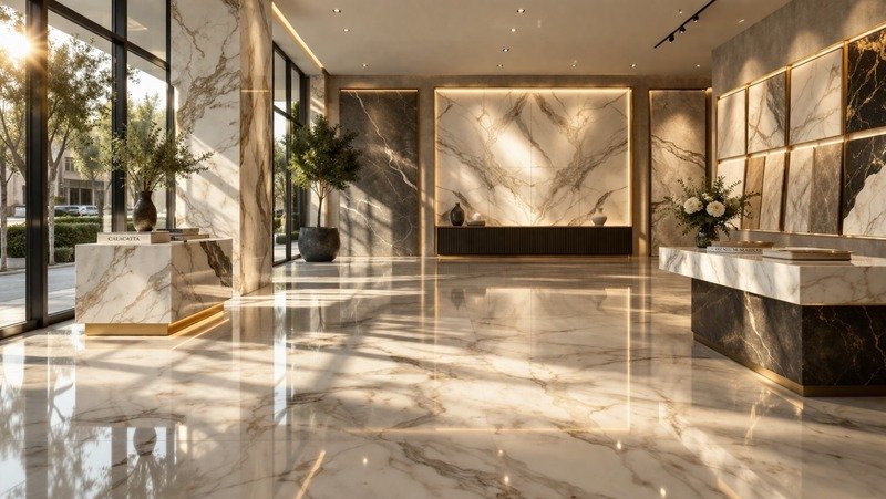 Bright sunlit showroom with marble flooring and illuminated stone wall slabs